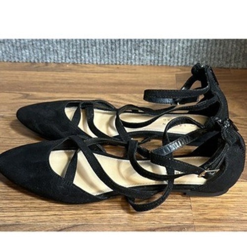 LC Lauren Conrad Black Faux Suede Strappy Pointed Toe Flats Womens 8.5 M Zipper